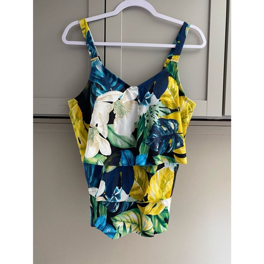 Susan Graver Tropical Floral Ruffled Tank Swim Top Yellow Blue Green size 12